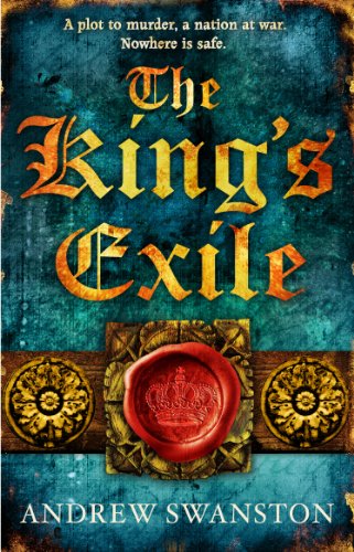 Book cover: “The King’s Exile” with gold lettering, red seal, and teal background.