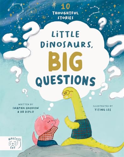 Book cover: two cartoon dinosaurs with question marks and stars.