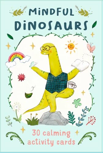 Card cover with a yellow dinosaur doing yoga amidst plants and stars.
