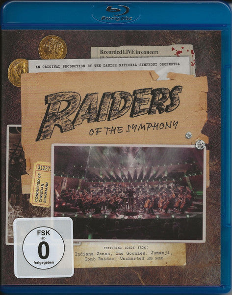 Blu-ray cover for "Raiders of the Symphony" concert, featuring film scores.