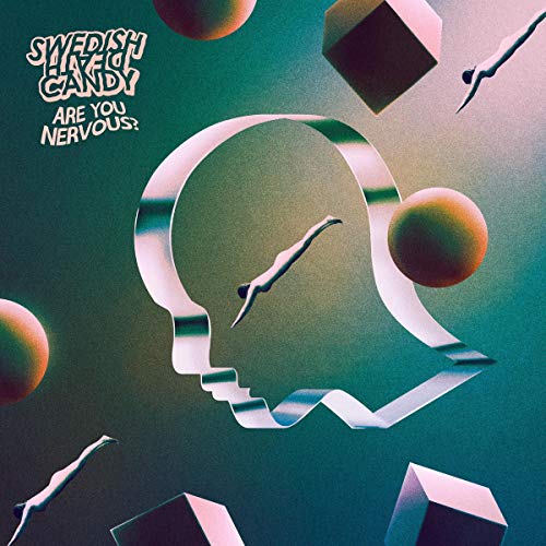 Album cover with silver head sculpture, spheres, and cubes on a green background.