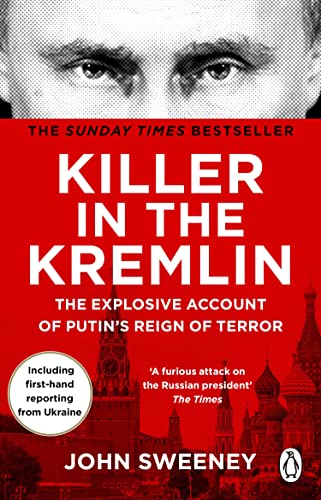 Book cover with portrait of Vladimir Putin and red Kremlin background.