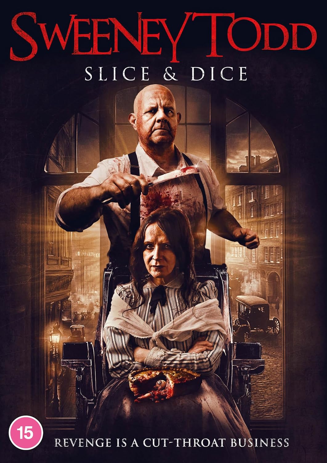 Sweeney Todd" DVD cover featuring a menacing man with a bloody straight razor.