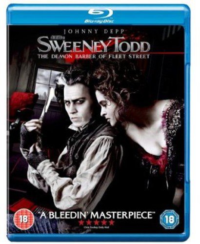 Blu-ray cover for "Sweeney Todd" featuring Johnny Depp and Helena Bonham Carter.