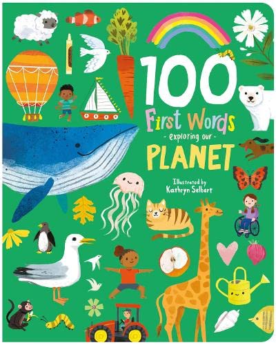 Book cover with green background featuring colorful illustrations of animals, plants, and objects.