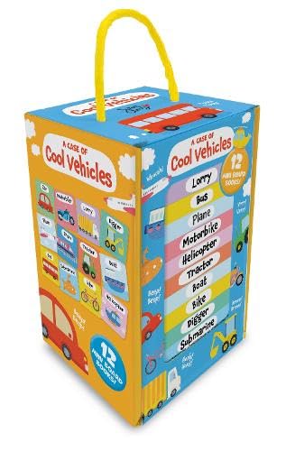 Boxed set of 12 board books featuring colorful illustrations of vehicles.