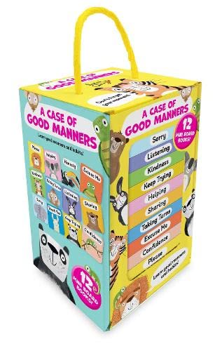 A yellow carrying case containing twelve mini board books about good manners and habits.