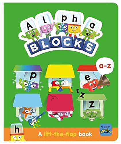 Alphablocks lift-the-flap book cover featuring colorful cartoon letter characters on a green background.