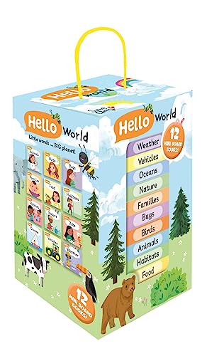 A box set of 12 Hello World mini board books with a yellow handle.