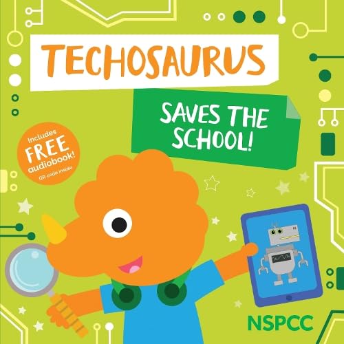 Book cover featuring an orange dinosaur holding a magnifying glass and a tablet.