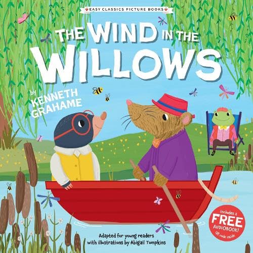 A mole and a rat in a red rowboat under willow trees.
