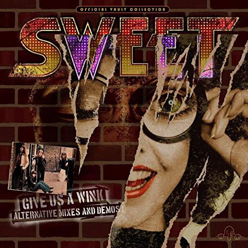 Album cover for Sweet’s “Give Us A Wink” with torn edges and band photo.