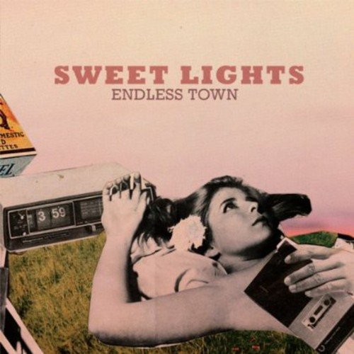 Vinyl album cover with a woman, radio, and sunset collage.
