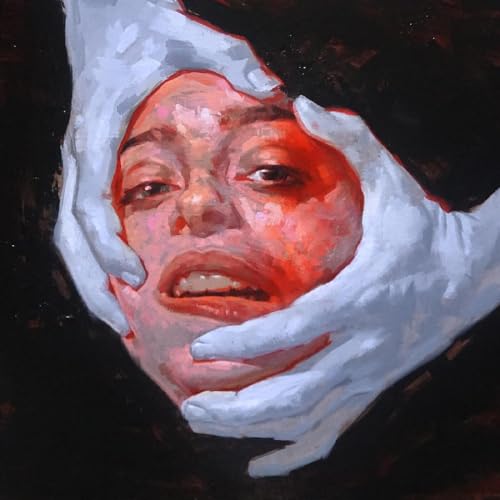 Painted face cradled by white hands, red and white tones, dark background.