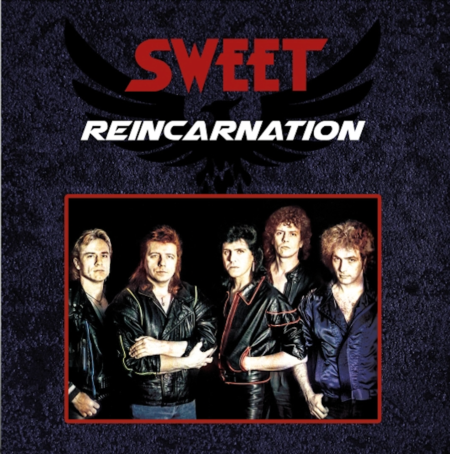 Sweet’s “Reincarnation” vinyl album cover featuring the band in a red border.