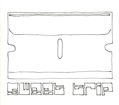 Black and white sketch of a razor blade above text “SWEET TRIP”.