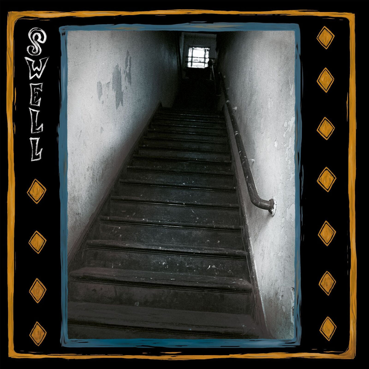Dark staircase viewed from above, framed by a decorative border.
