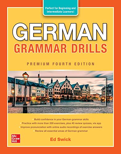 Book cover: "German Grammar Drills, Premium Fourth Edition" with a town scene.