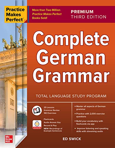 Book cover for Practice Makes Perfect Complete German Grammar featuring the Brandenburg Gate.