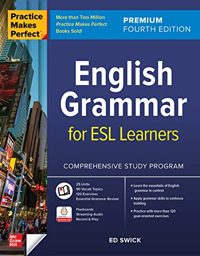Book cover: “English Grammar for ESL Learners,” fourth edition, blue background.