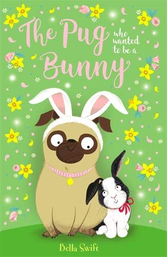 Pug with bunny ears and a rabbit, book cover illustration.