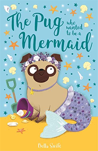 Pug with a mermaid tail and floral crown on a blue background.
