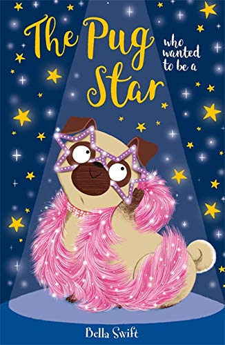 Pug wearing pink boa and star-shaped glasses, illustrated book cover.