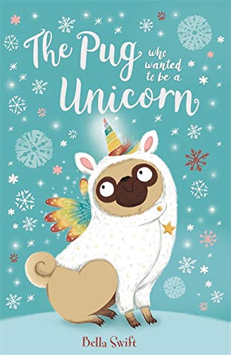 Pug wearing a unicorn costume with a rainbow mane and tail.