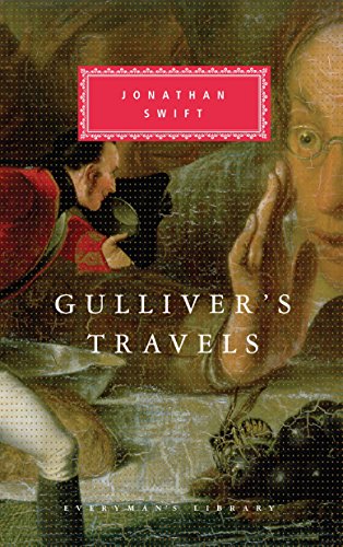 Book cover for “Gulliver’s Travels” featuring a painted portrait and small figures.