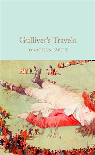 Book cover of Gulliver's Travels showing a giant man tied down by tiny people.