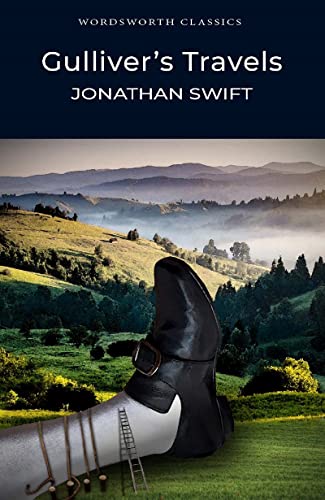 Book cover for Gulliver's Travels showing a giant leg and shoe in a landscape.