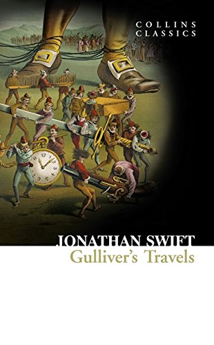 Book cover: "Gulliver’s Travels" by Jonathan Swift, with giant legs and tiny people.