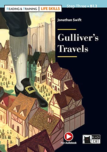 Book cover of "Gulliver's Travels" with a giant leg and miniature town.