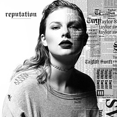Black and white portrait of Taylor Swift with newspaper print background.