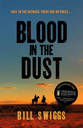Book cover: "Blood in the Dust" with silhouetted riders at sunset.