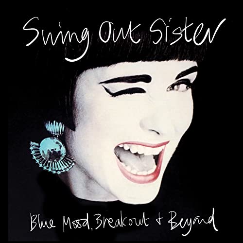 Black and white portrait of a woman winking with Swing Out Sister text overlay.