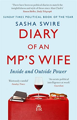 Book cover: "Diary of an MP's Wife" with red suitcase, wine glass, and glasses.