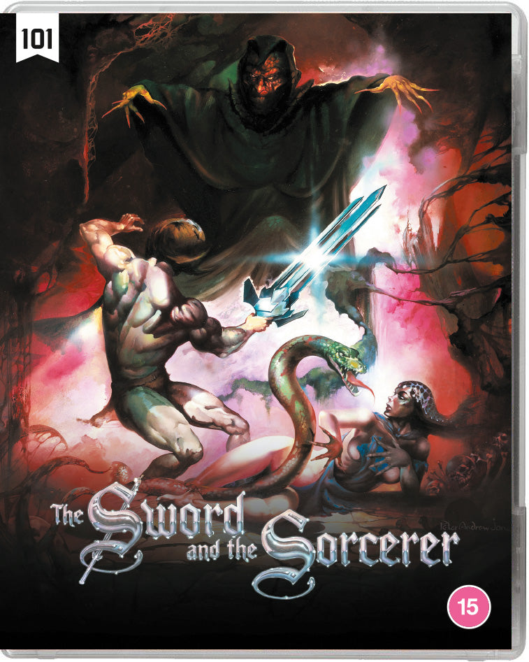 A muscular warrior wields a glowing three-bladed sword against a hooded sorcerer and snake.