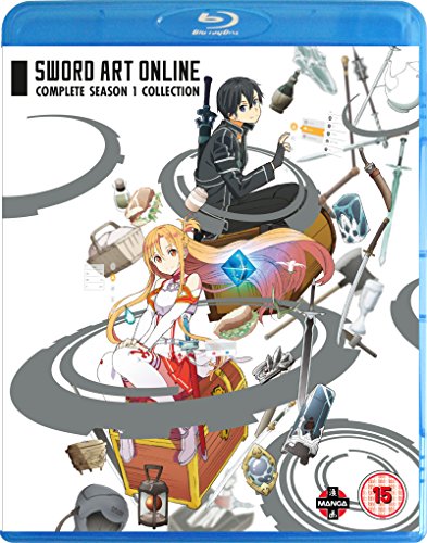 Sword Art Online anime characters Kirito and Asuna sitting on treasure chests on Blu-ray cover.