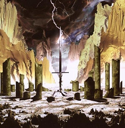 A sword stands upright in a cave with jagged rocks and lightning.