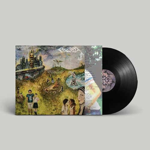 Vinyl record with cover art depicting a surreal, colorful landscape scene.