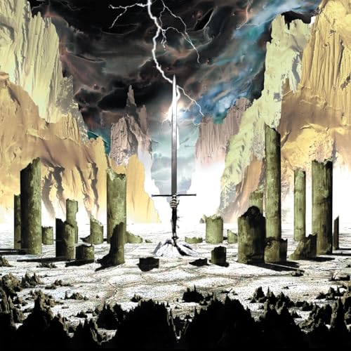 Sword piercing stormy sky above rocky, desolate landscape.