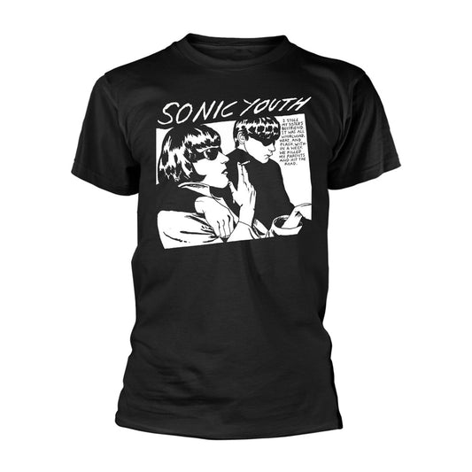 Black t-shirt with a white graphic print of Sonic Youth album art.
