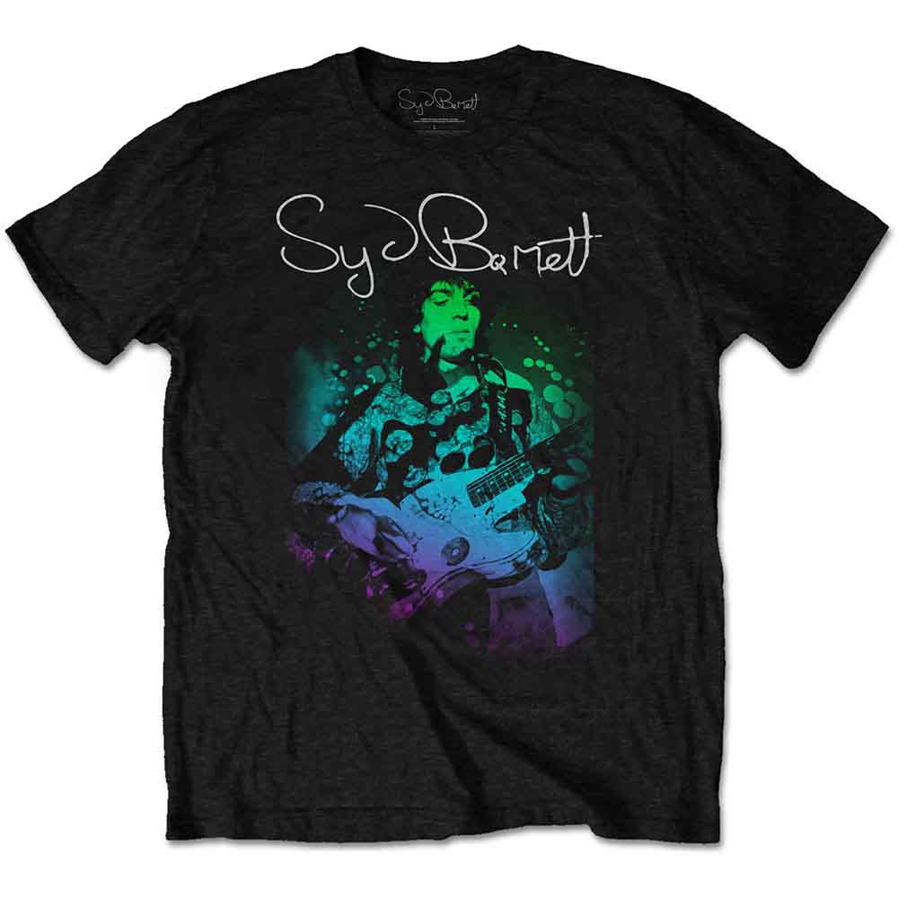 Black t-shirt with a psychedelic portrait of Syd Barrett playing guitar.