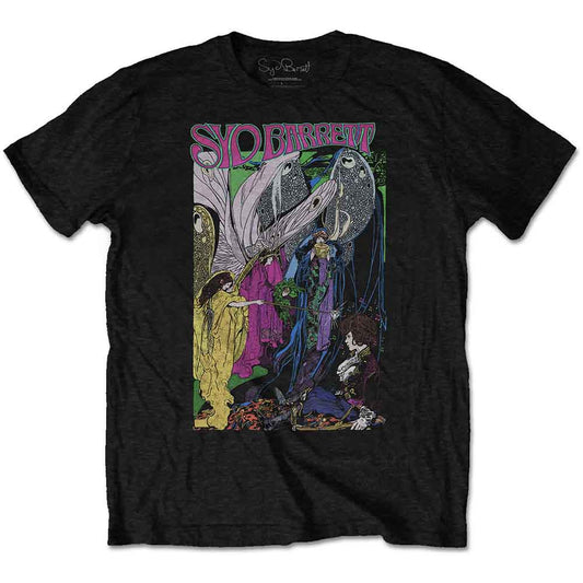 Black t-shirt with a colorful, illustrated design of fairies and text.