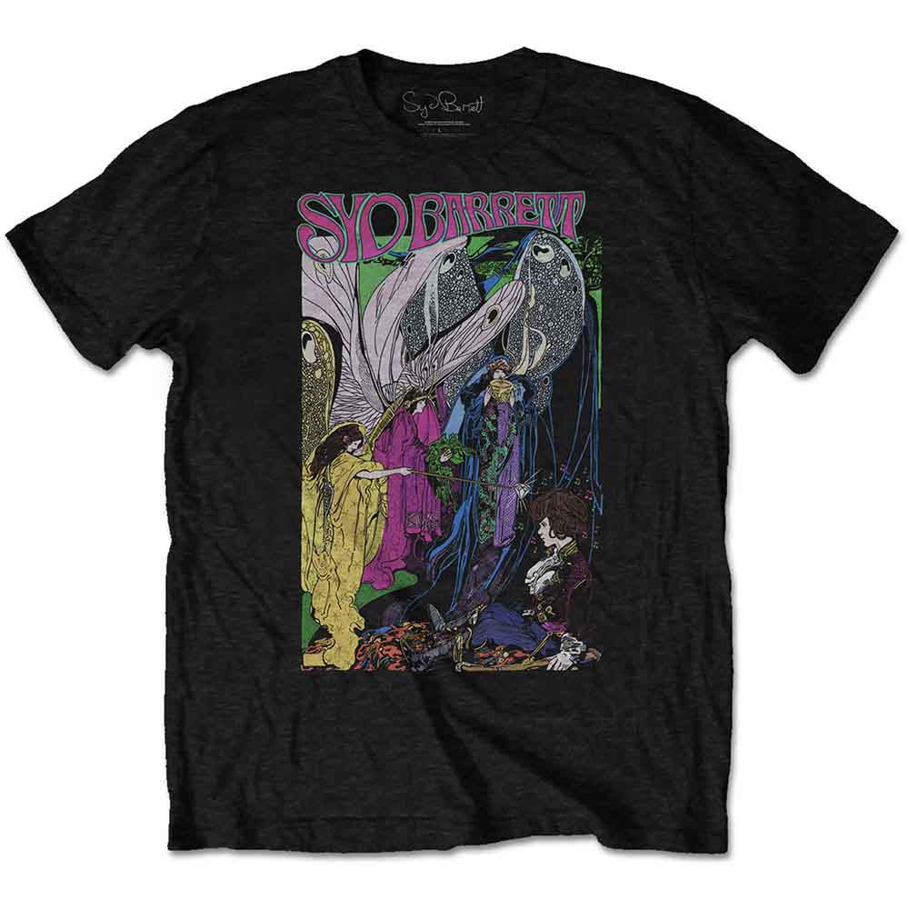 Black t-shirt with a colorful, illustrated design of fairies and text.