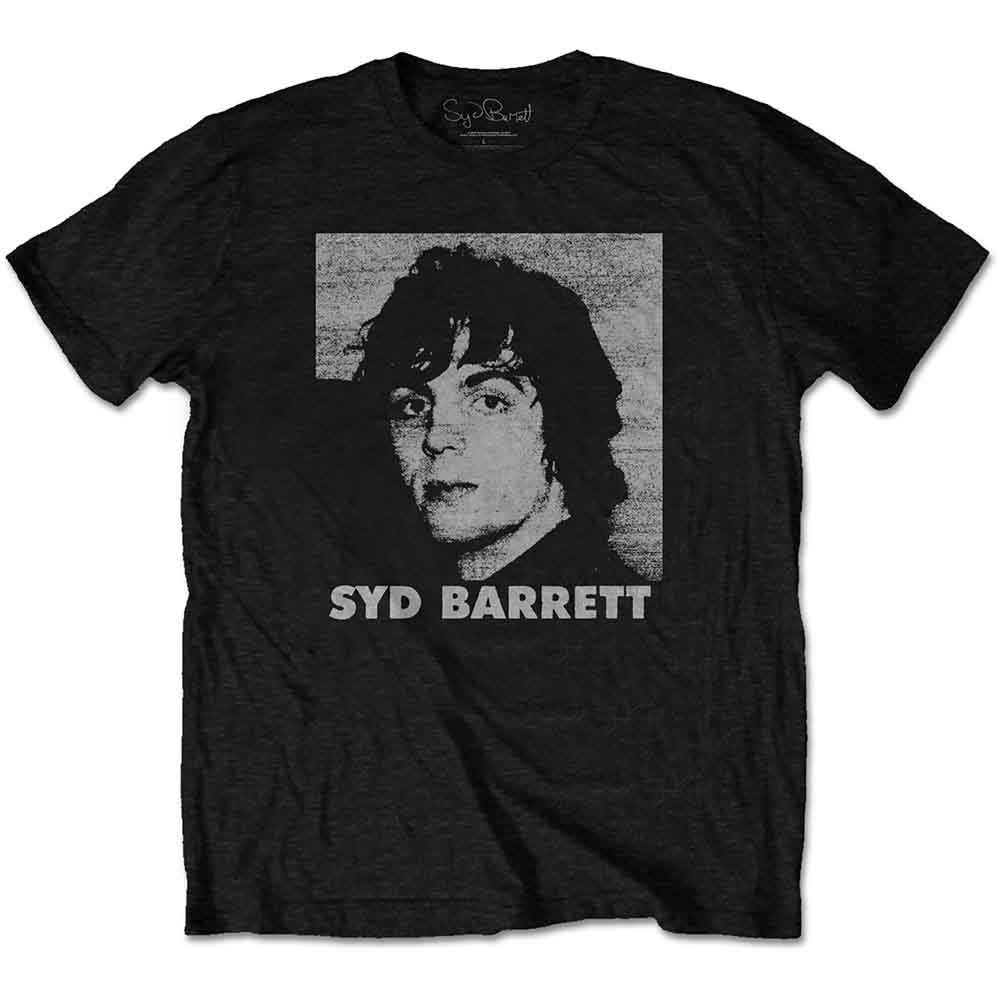 Black t-shirt with a grayscale portrait of Syd Barrett and his name.