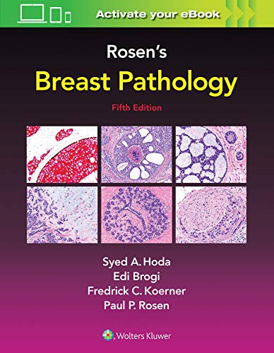 Book cover for "Rosen's Breast Pathology" with microscopic tissue images.