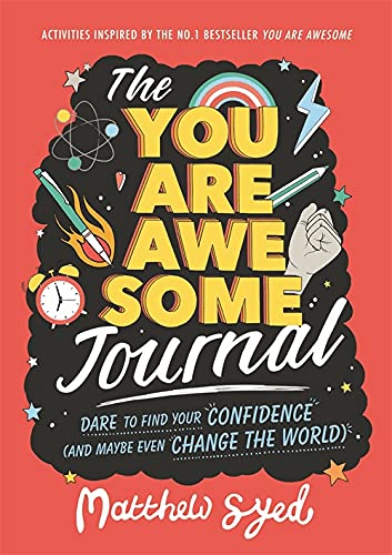 Red journal cover with colorful lettering reading "The You Are Awesome Journal.