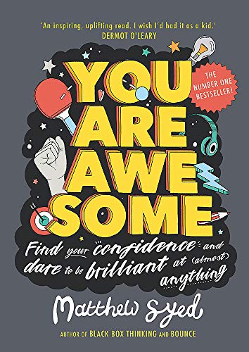 The image shows a book cover with a grey background, yellow and white text, and playful illustrations.